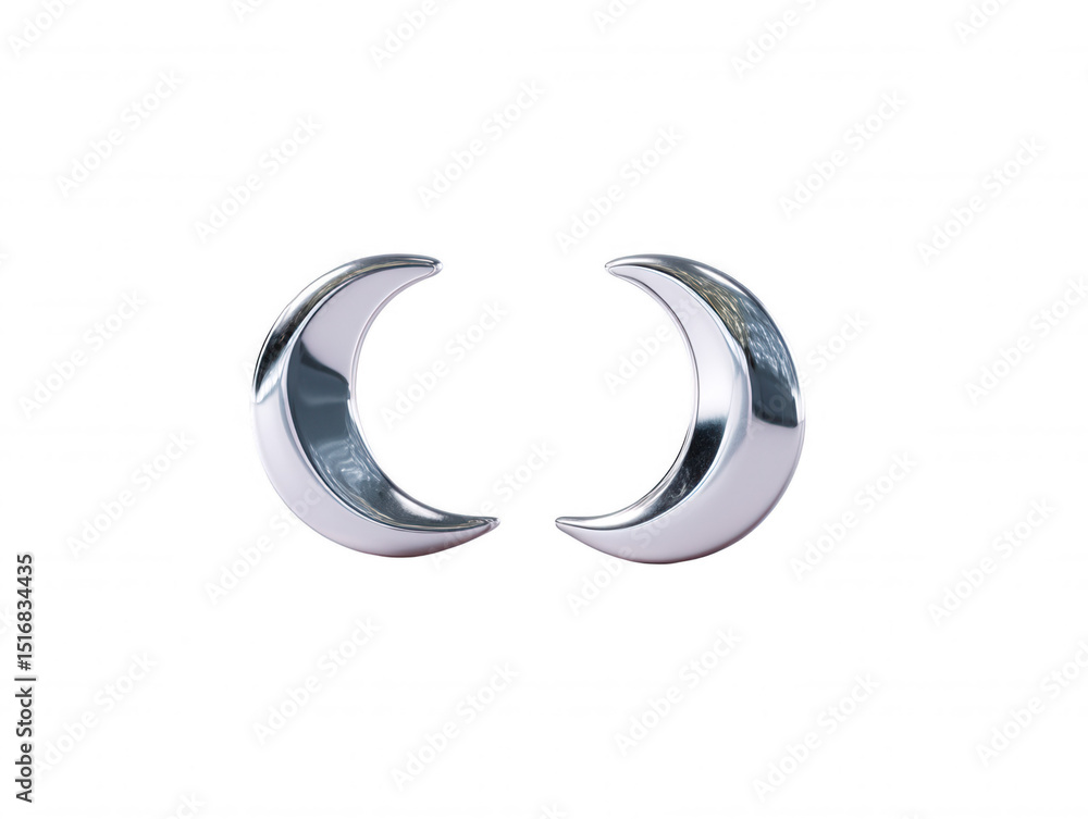 Poster two crescent moon symbols shine brightly with a polished chrome finish, isolated on a pure white bac