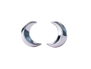 Two crescent moon symbols shine brightly with a polished chrome finish, isolated on a pure white backdrop, creating a celestial and minimalist composition.