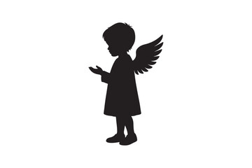 Child with angel wings silhouette vector art illustration on white background