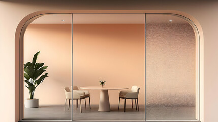 Modern Minimalist Dining Area With Beige Tones And Glass Partition