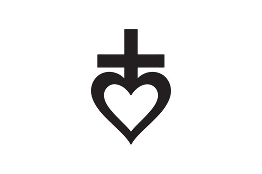 Naklejki Cross shaped like heart silhouette vector art illustration on white background