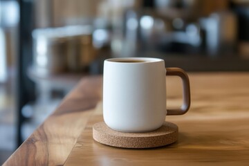 Minimalist White Coffee Mug on Wooden Table in Cozy Cafe Setting.