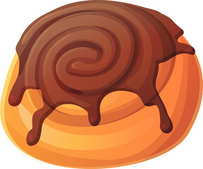 Tasty cartoon-style cinnamon bun topped with rich chocolate glaze. Glossy topping dripping over a golden swirled pastry. Vector food element for dessert designs and bakery visuals.