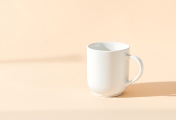 White ceramic mug on a neutral background with shadows