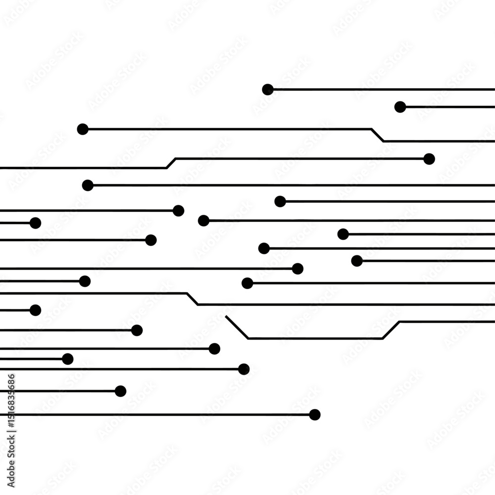 Poster vector art of abstract circuit board design with black lines and dots isolated on white background, 