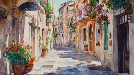 Fototapeta premium Charming vertical watercolor painting depicting a floral street in an Italian old town.