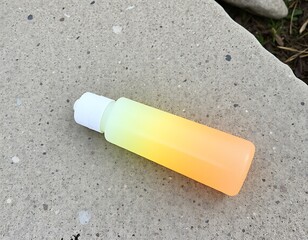 Small bottle with gradient yellow and orange color liquid on a stone surface