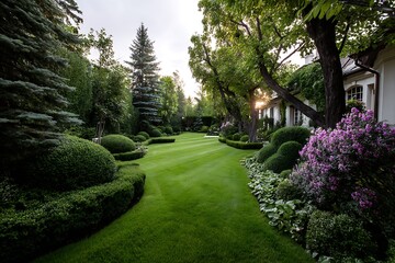 Fototapeta premium A perfectly manicured lawn with lush green grass, framed by well-placed shrubs and bushes, representing the ultimate landscaping concept for a residential home