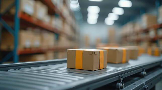 Conveyor belts with packages symbolize efficient micro-fulfillment processes in modern warehouses