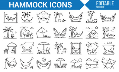 Monochrome Line Icons of Hammocks, Palms, and Vacation Leisure.