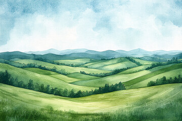 Obraz premium watercolor landscape of peaceful countryside fields with rolling hills