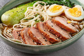 ramen soup with duck and noodles, with eggs and bok choy, homemade, no people,