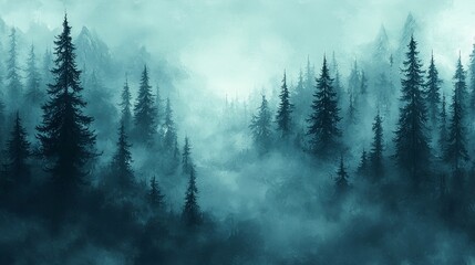 Fototapeta premium Misty forest scenery with tall evergreens shrouded in fog, painted in a cool, teal tone