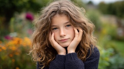 Fototapeta premium Serene girl in garden cradles face