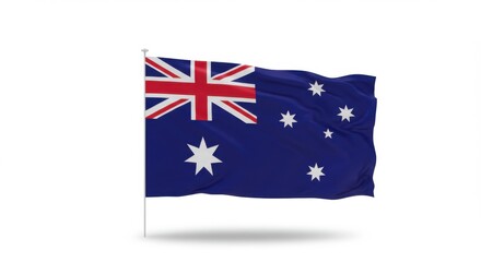 Fototapeta premium Australian national flag waving in the wind isolated on white background