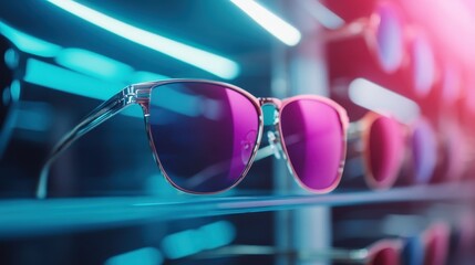 A close-up shot of fashionable sunglasses highlighted by vibrant neon lights, emphasizing contemporary fashion trends and the allure of summer styles for stylish individuals.