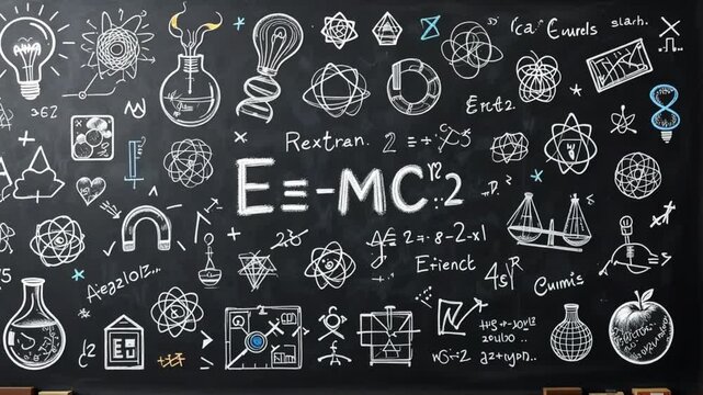 Chalkboard filled with science equations and diagrams in white chalk and wooden frame view