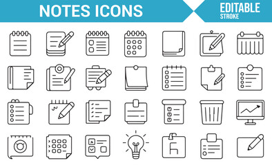 Monochrome Line Icons of Notes, Calendar, and Writing Tools.