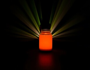 Glowing jar with neon light in the dark