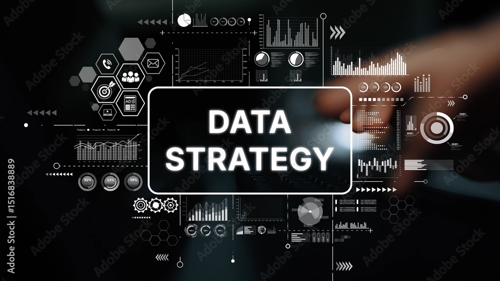 Poster innovative data strategy concept with digital analytics and interactive graphs for business insights