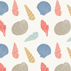 Seamless marine pattern with hand drawn seashells. Colorful Rapana seashells, ocean mollusks, vintage marine silhouettes. Summer coastal design elements for prints, wallpaper, packaging, wrapping