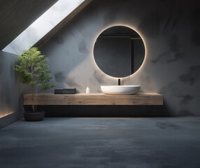 Modern bathroom with thick dark blue glass vessel sink on wooden vanity, chrome faucet and minimalist design, natural light and stone wall background, stylish interior decor