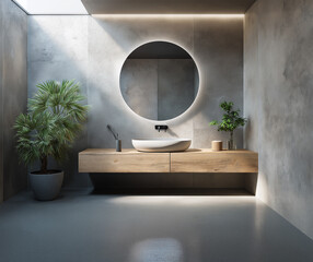 Modern bathroom with thick dark blue glass vessel sink on wooden vanity, chrome faucet and minimalist design, natural light and stone wall background, stylish interior decor