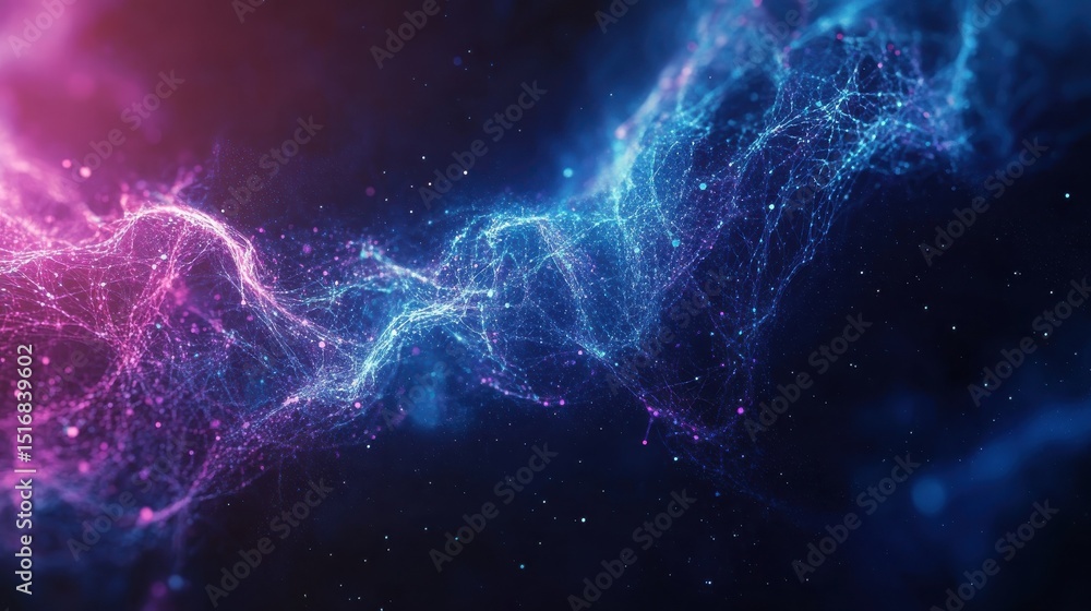 Poster a digital abstract background with glowing blue and purple connections forms the shape of an ai brai