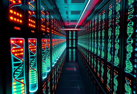 Illuminated rows of DNA storage vials in a futuristic data center,  research,  high density