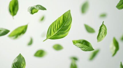 Naklejka premium Flying Fresh basil herb leaves isolated on white background. Top view. Flat lay.