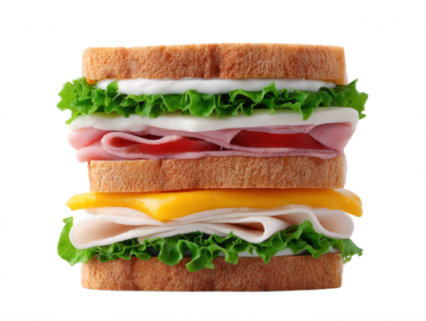 A delicious double decker sandwich with ham, turkey, cheese, lettuce, tomato and mayonnaise is isolated against a plain white background and ready to be eaten.
