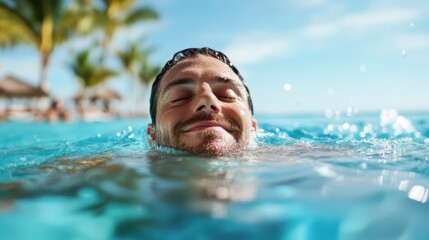 A joyful man swimming in a clear pool under bright sunshine, showcasing the exhilarating feeling of freedom and relaxation on a beautiful day.