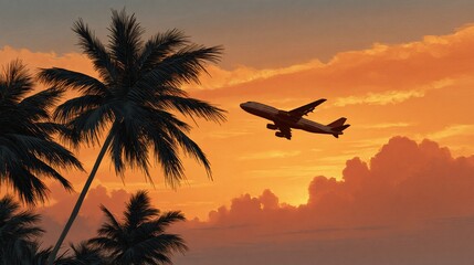 Tropical sunset flight Airplane soars past palm trees