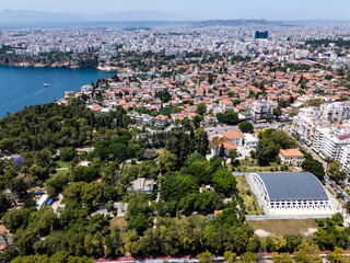 Aerial view of Kaleici, Antalya, Turkey, showcasing traditional Ottoman houses and narrow streets