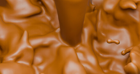 Chocolate melted liquid pouring on the surface with choco splashes