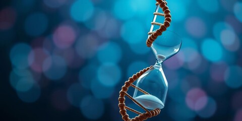 Intricate DNA helix entwined with hourglass, digital bokeh background, medical, future