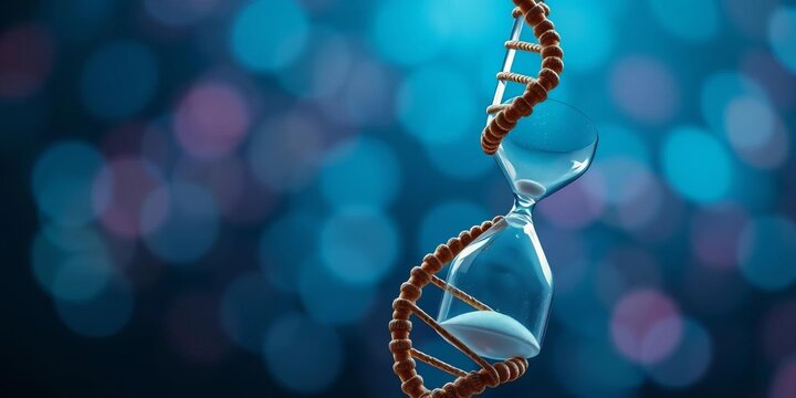 Intricate DNA helix entwined with hourglass, digital bokeh background,   medical,   future