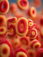 Colorful candy styled fifty percent symbol on vibrant background