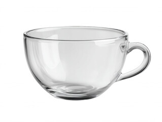 An empty clear glass cup with a handle is seen on a plain white background, ready to be filled with a beverage like tea or coffee for drinking and enjoying now.