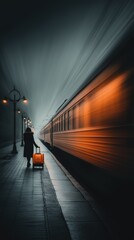 passenger with suitcase waiting on dark train platform with motion blur