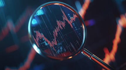 Magnifying glass highlights business growth chart with upward trend. Generative AI analysis financial success stock increase profit investment statistic performance market economy improvement
