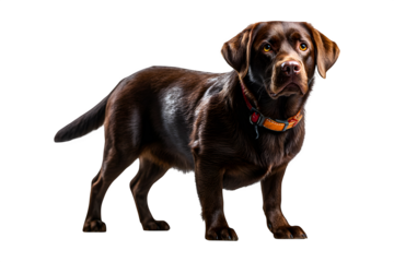 Side profile of a Labrador retriever standing, glossy coat and alert eyes, full body view including legs and tail,