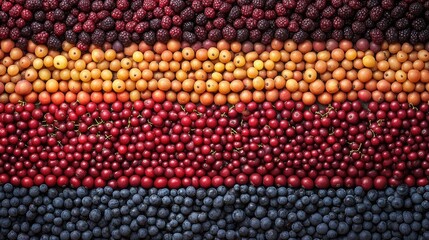 Colorful array of fresh small fruits arranged in horizontal rows.