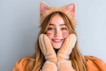 Playful cat-ear costume portrait of young woman with fuzzy mittens on light grey background, whimsical beauty shot, close-up headshot, warm pastel styling, minimalistic fashion concept, copy space

