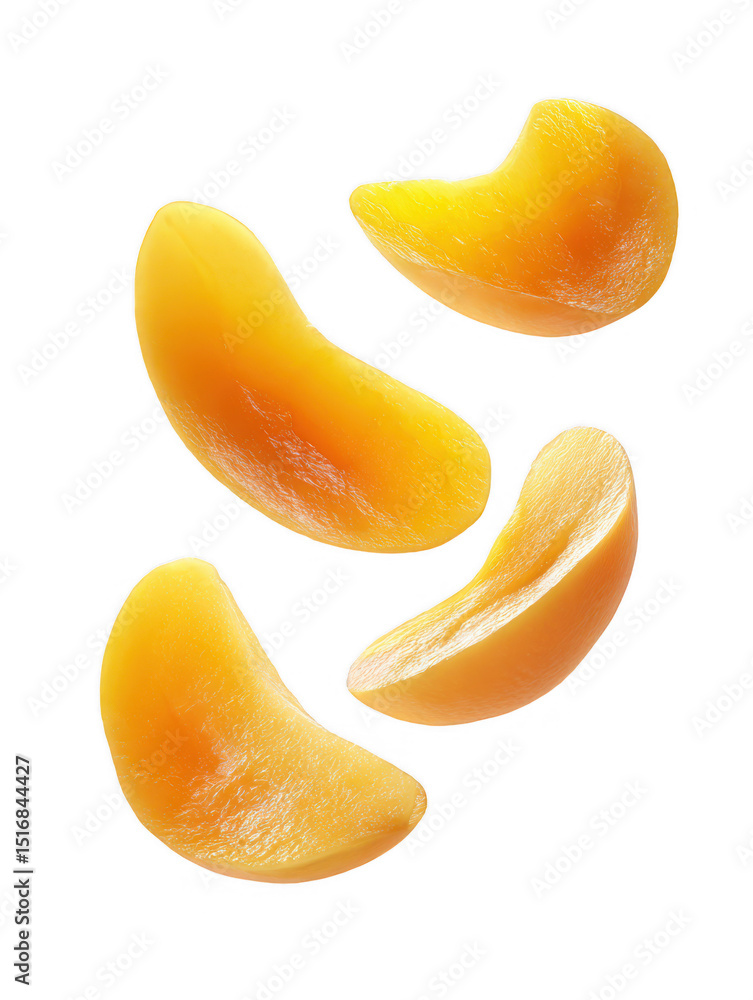 Poster four succulent peach segments float dynamically against a pristine white backdrop, showcasing their 