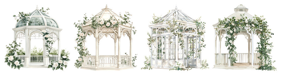 Naklejka premium PNG Elegant floral garden gazebos, element set on transparent background