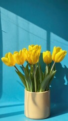 Yellow tulips in a vibrant yellow vase against a blue background