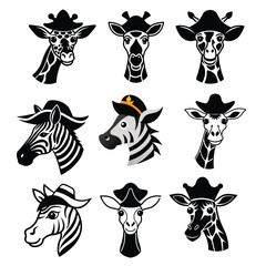 Zebra head wearing a pirate hat ,Giraffe head wearing a pirate hat