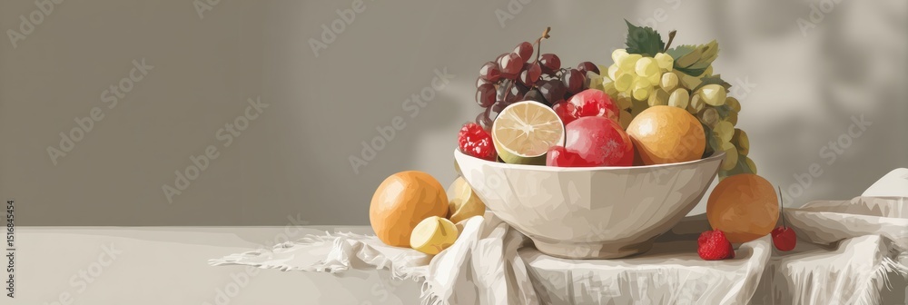 Poster fresh fruit bowl arranged elegantly on a linen-covered table with soft light highlighting the colorf