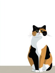 Obraz premium Cute calico cat sitting upright, looking up curiously in a minimalist design with a blank background